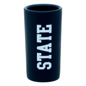 navy shot glass with white STATE printed up the side